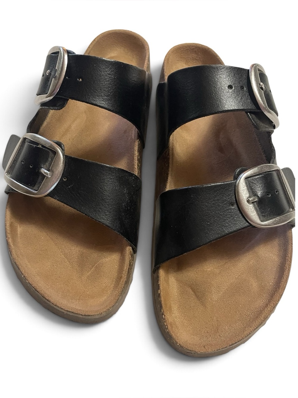 Time and Tru Black Double-Buckle Slide Sandals Synthetic Leather 7.5